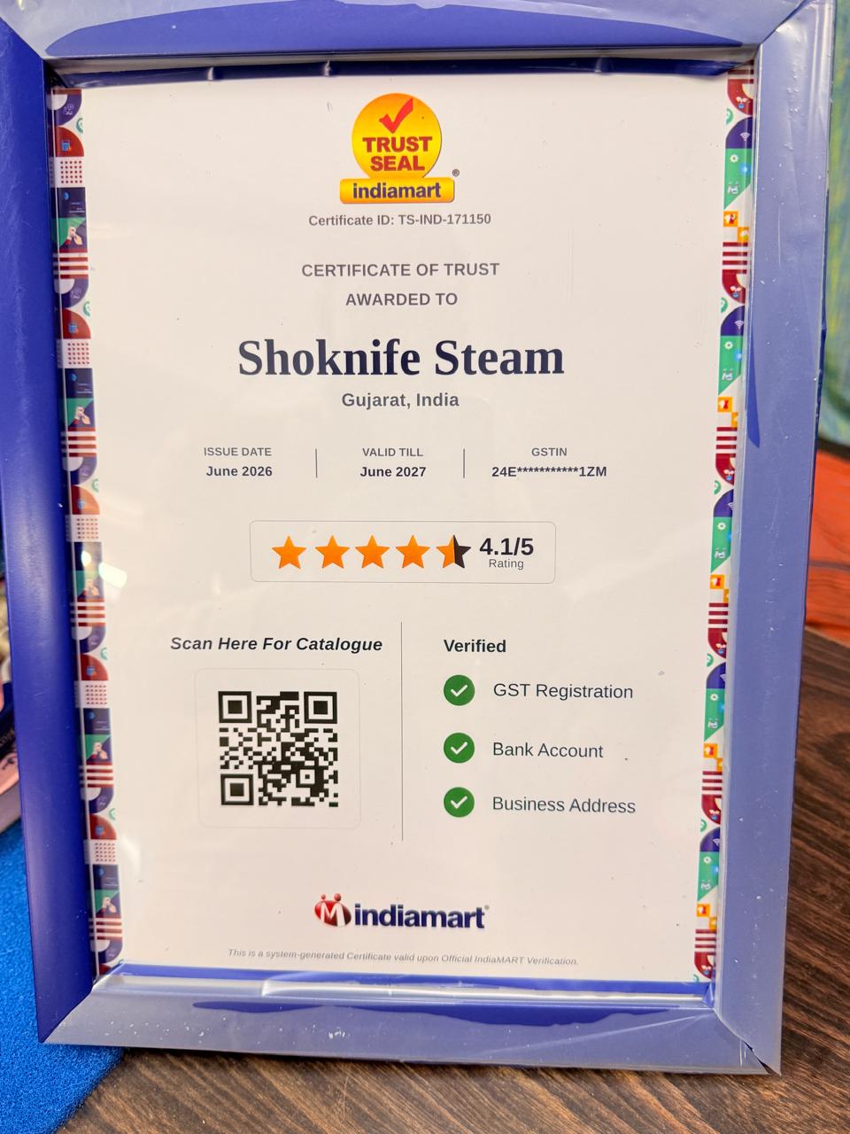 IndiaMART Trust Seal Certificate awarded to Shoknife Steam