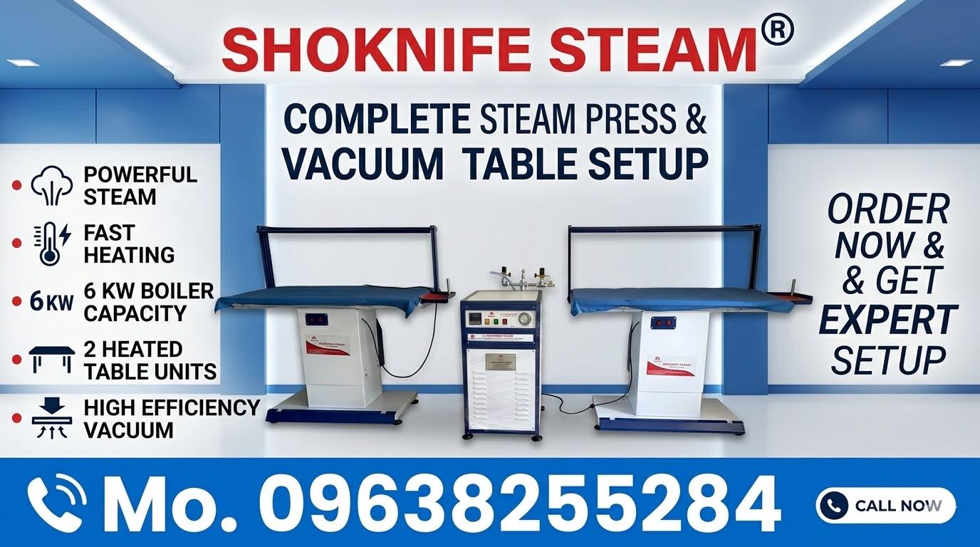 Complete Steam Press and Vacuum Table Setup with 6 KW boiler